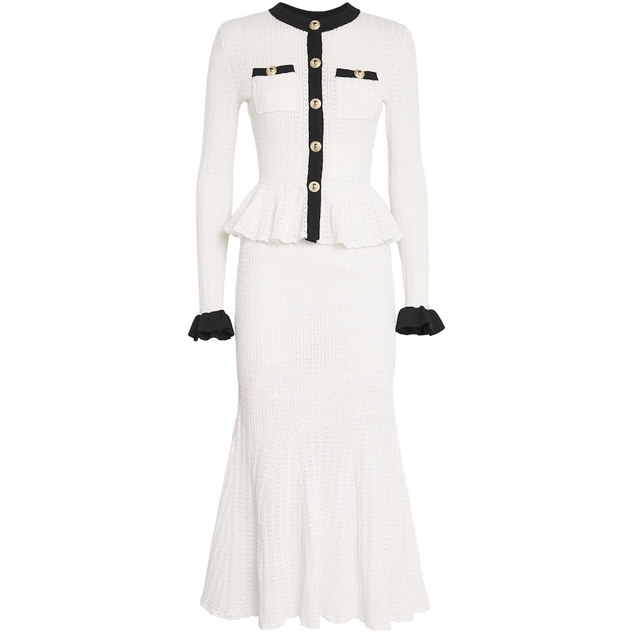 Self-Portrait White Pointelle Peplum Midi Dress