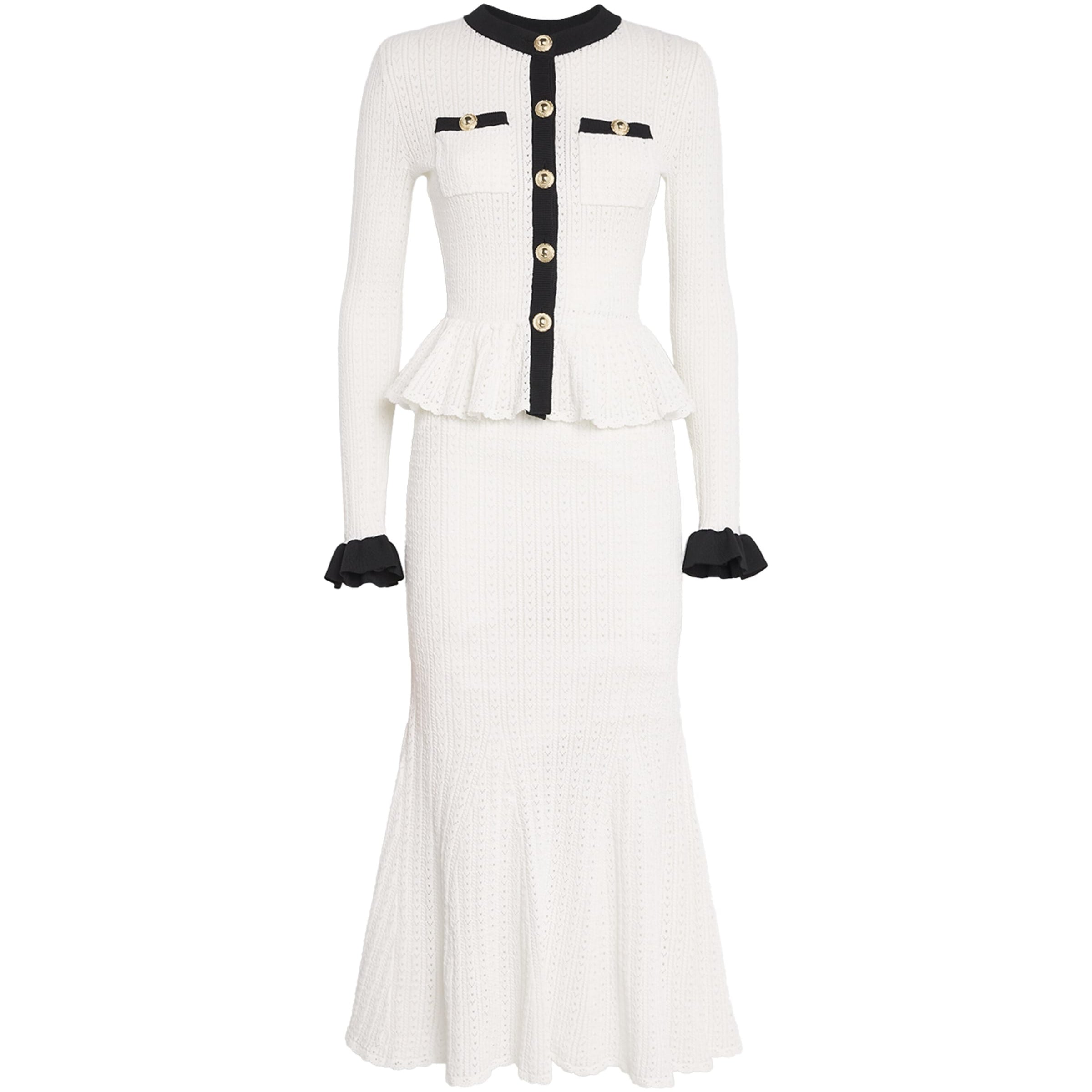 Self-Portrait White Pointelle Peplum Midi Dress