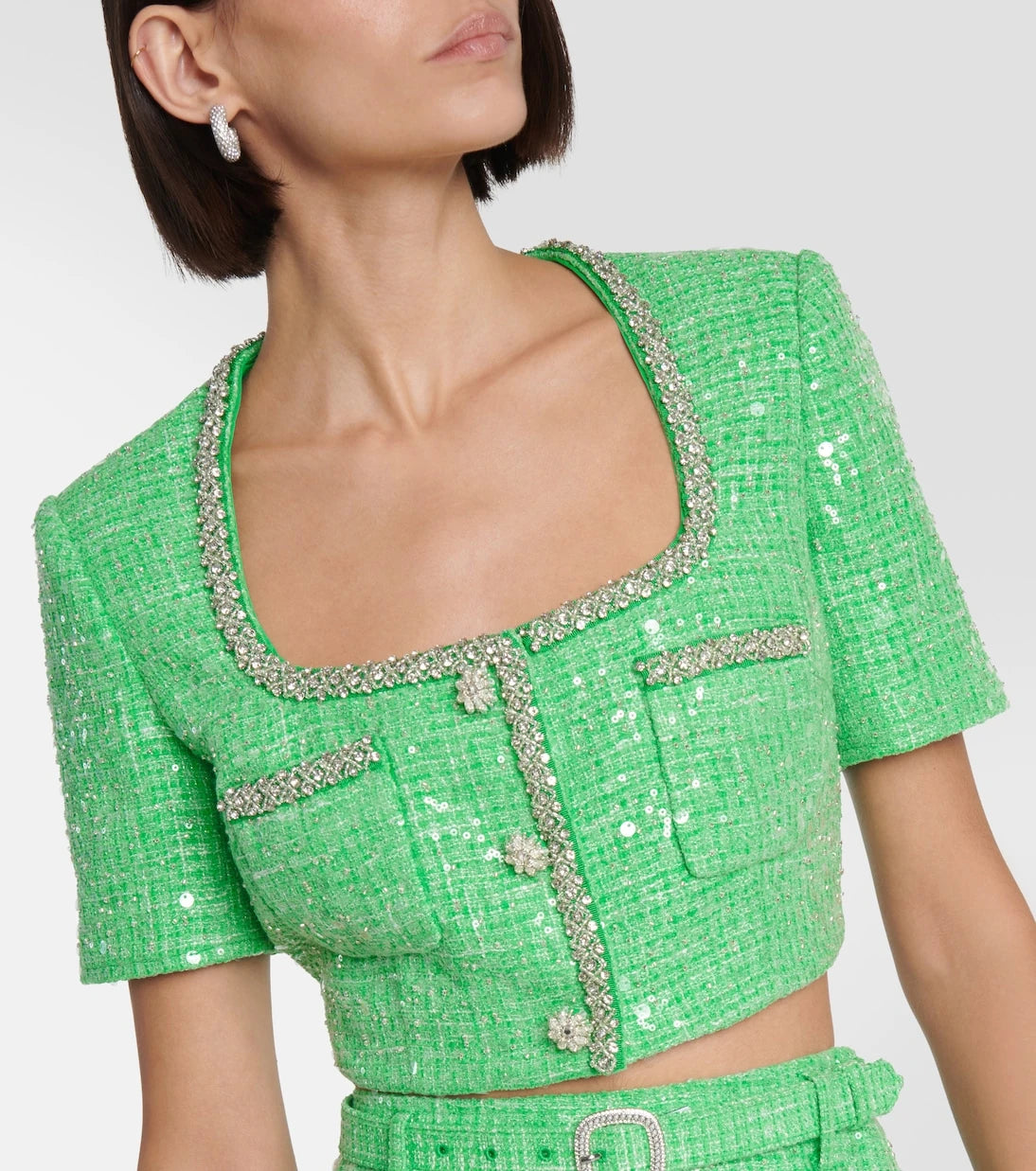 Self-Portrait - Sequined embellished bouclé crop top