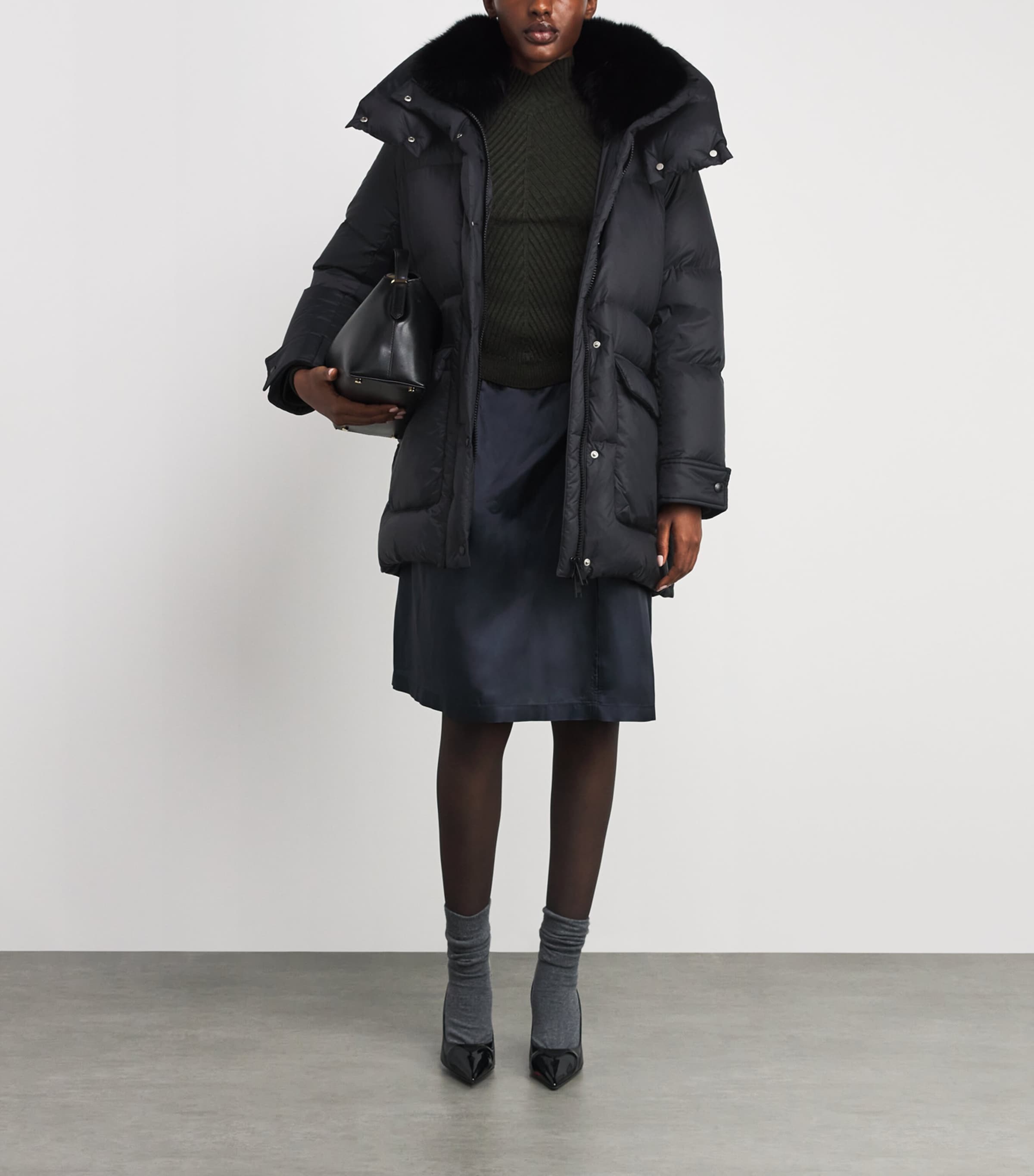 Yves Salomon Black Down Fur-Trim Adaptable Parka Coat