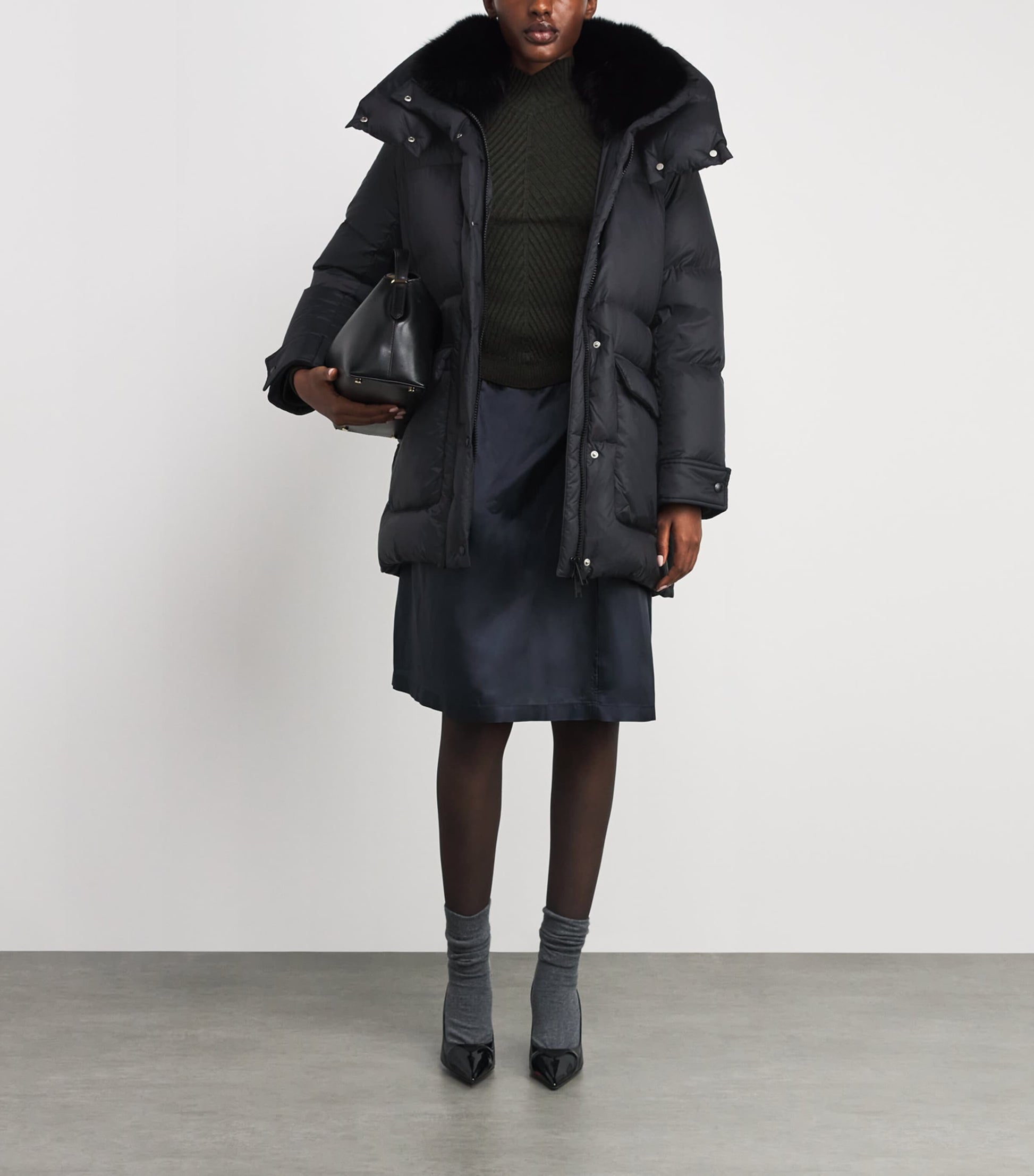 Yves Salomon Black Down Fur-Trim Adaptable Parka Coat