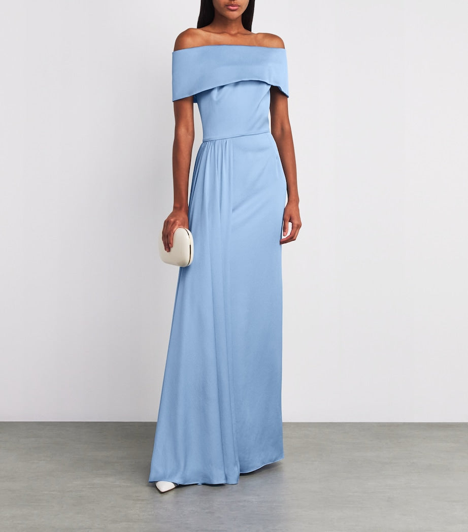 Blue Charmeuse Off-The-Shoulder Philomena Gown