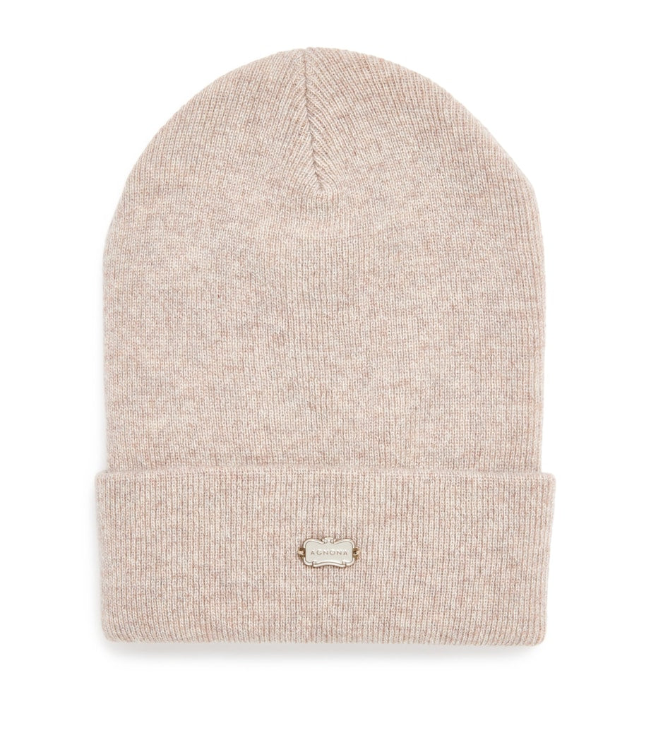 Agnona Beige Cashmere Logo-Plaque Beanie