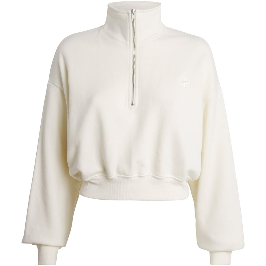 Ivory Cropped Cotton-Blend Half-Zip Sweatshirt