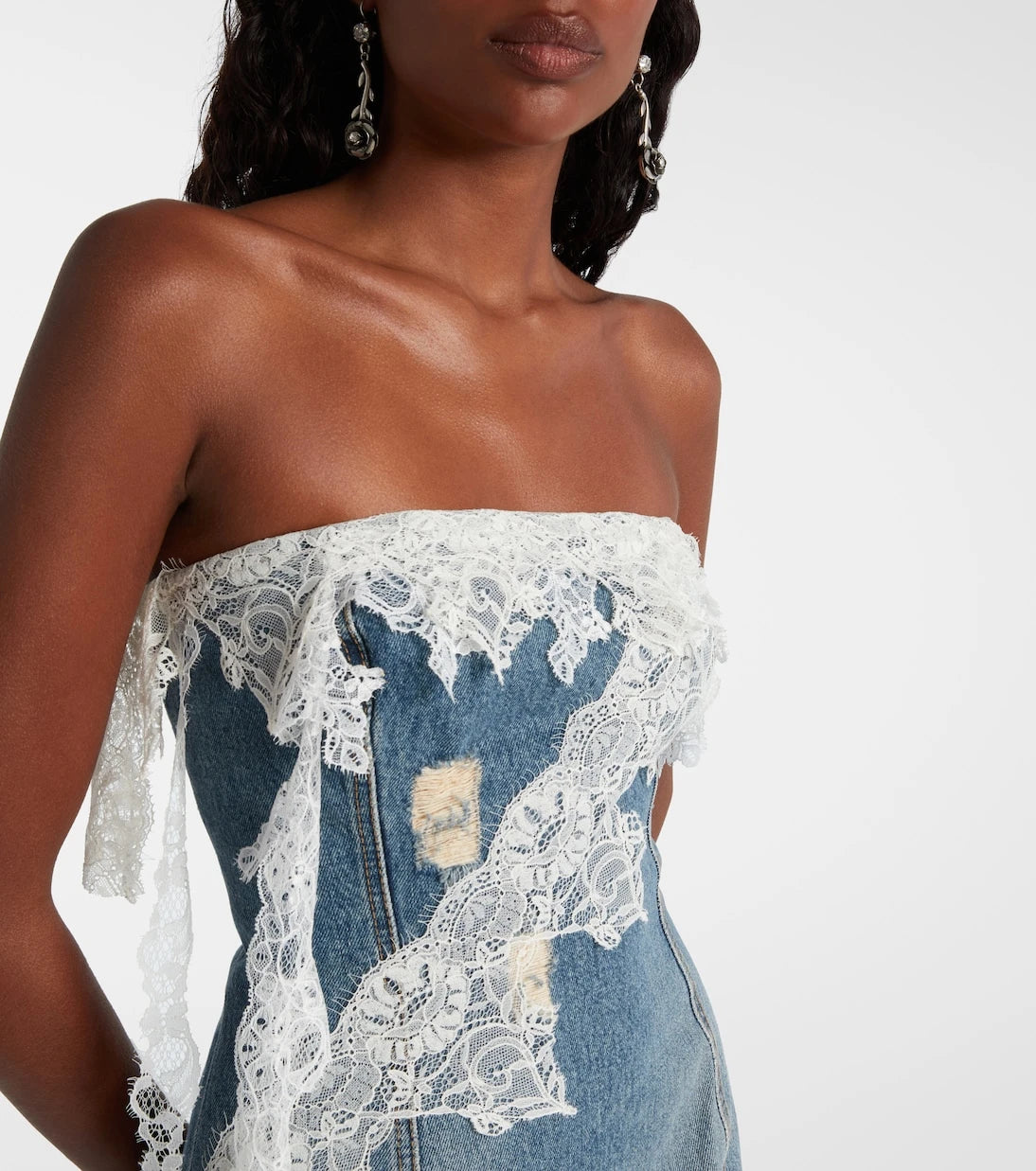 Blumarine - فستان دنيم قصير بتطريز من الدانتيل