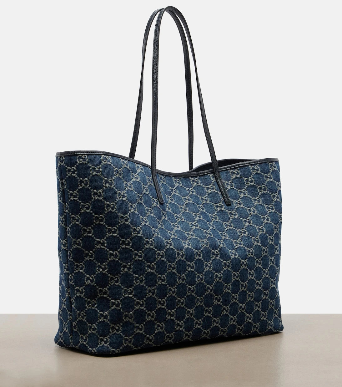 Gucci - Essence Large leather-trimmed denim tote bag