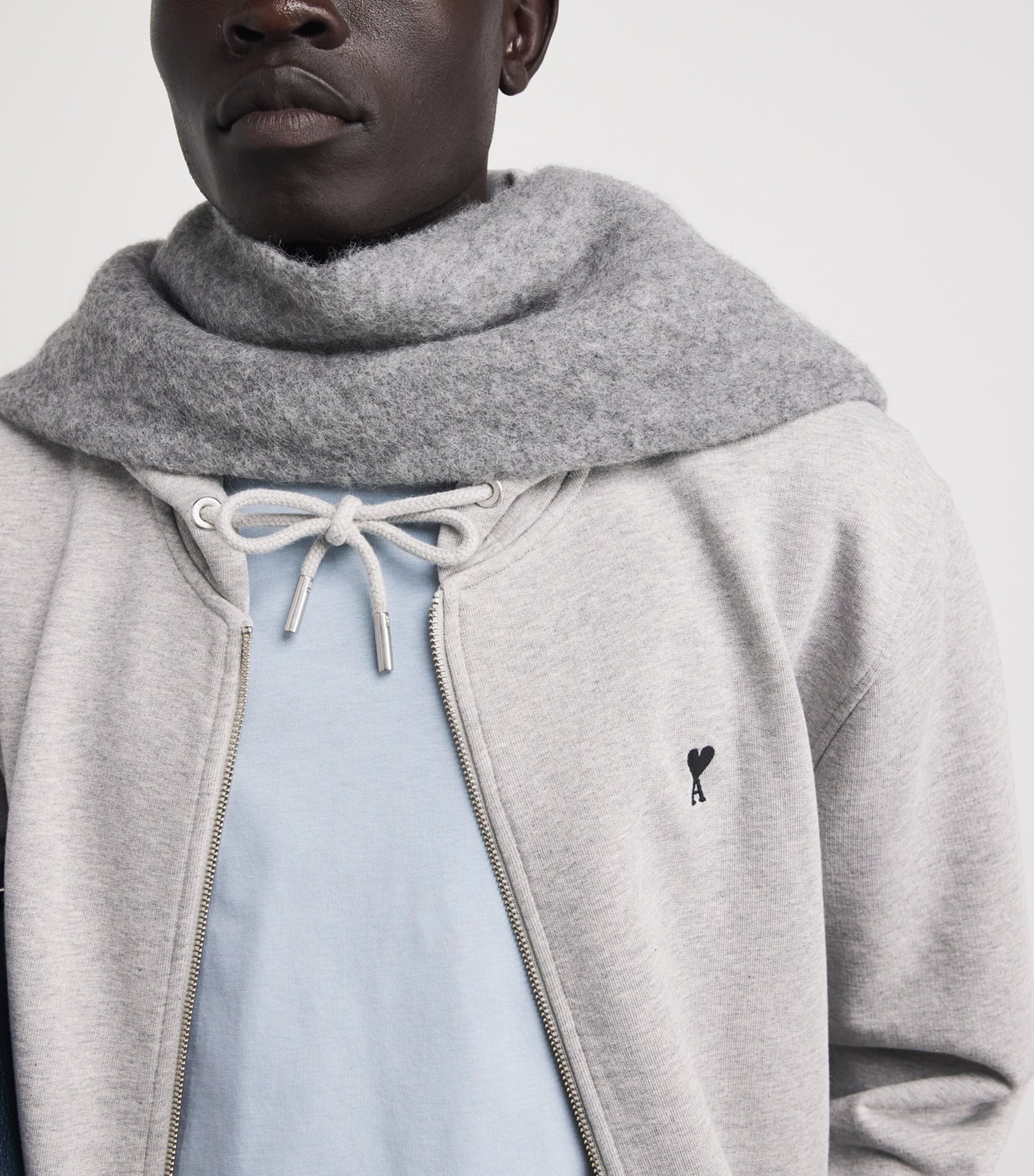 AMI Paris Grey Organic Cotton Ami de Coeur Zip-Up Hoodie