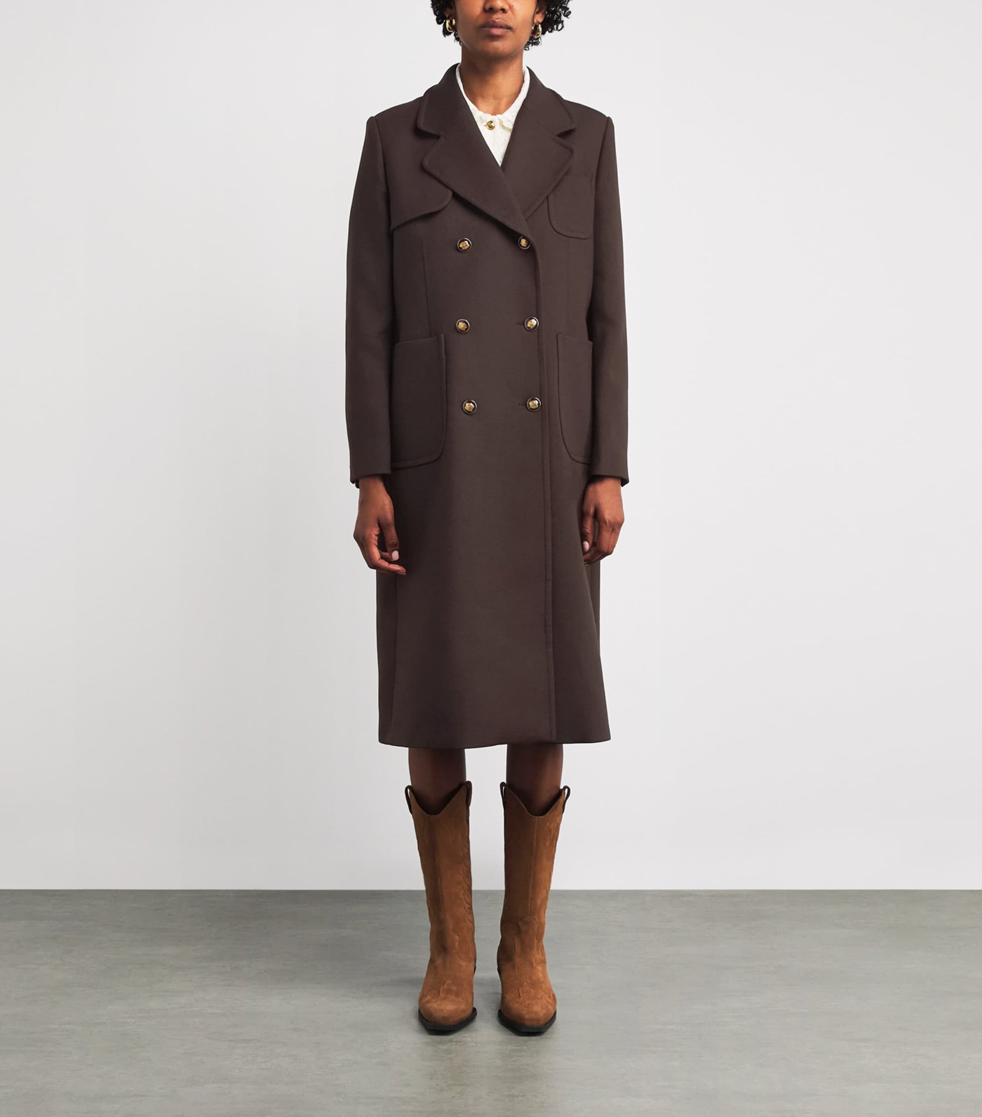 Sandro Paris Brown Virgin Wool-Blend Double-Breasted Overcoat