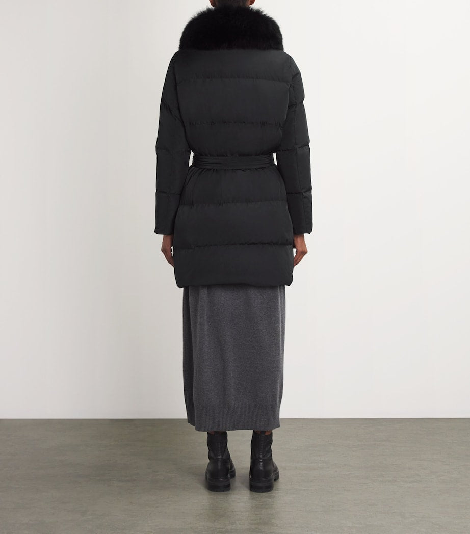 Yves Salomon Black Fur-Trim Down Coat with Mittens