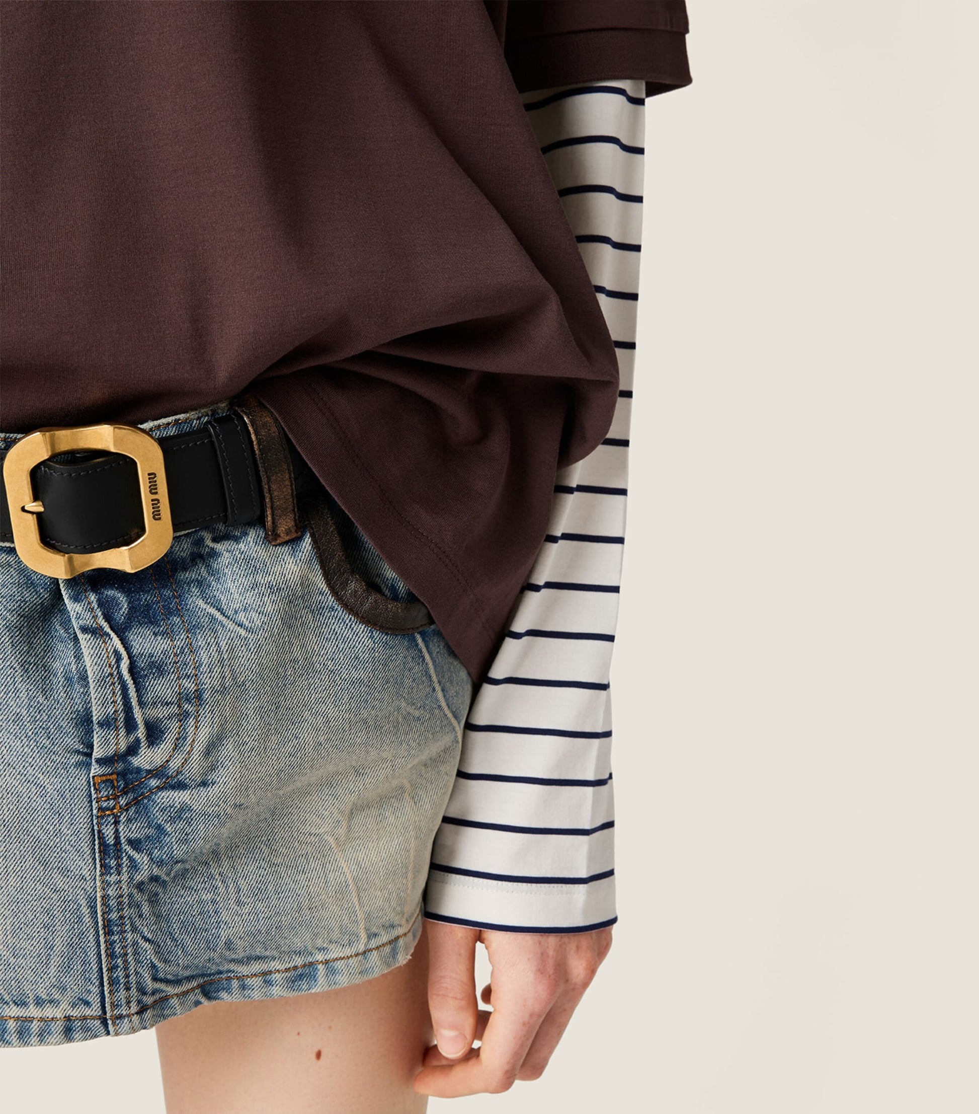 Miu Miu Brown Cotton Stripe-Sleeve Polo Shirt