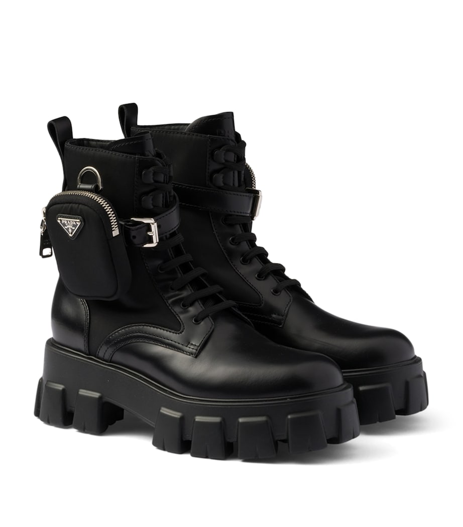 Prada Black Leather Monolith Boots with Pouch 55
