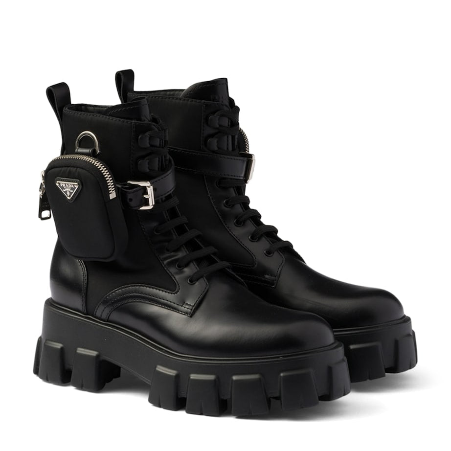 Prada Black Leather Monolith Boots with Pouch 55