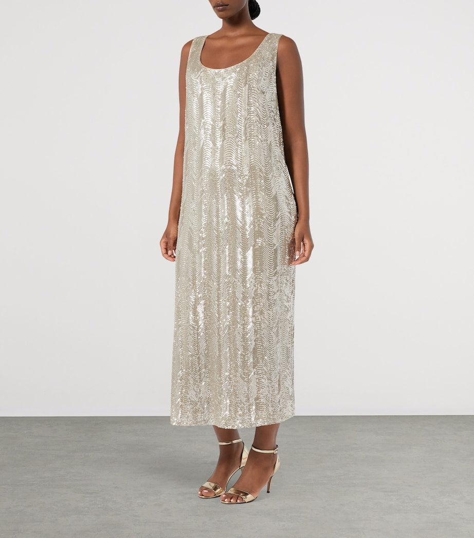 Marina Rinaldi Beige Sequin-Embellished Sacco Midi Dress