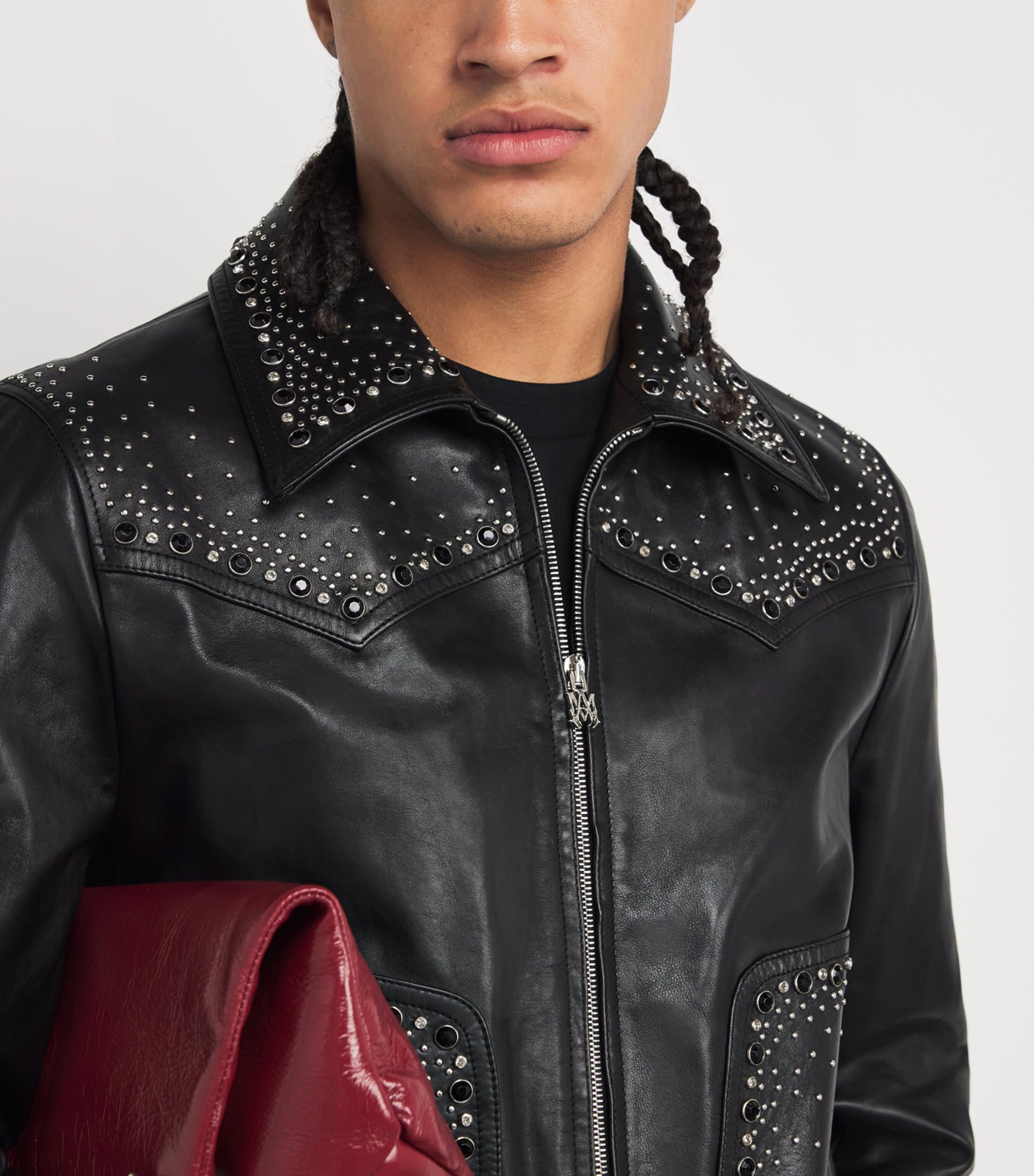 Black Leather Crystal-Embellished Jacket