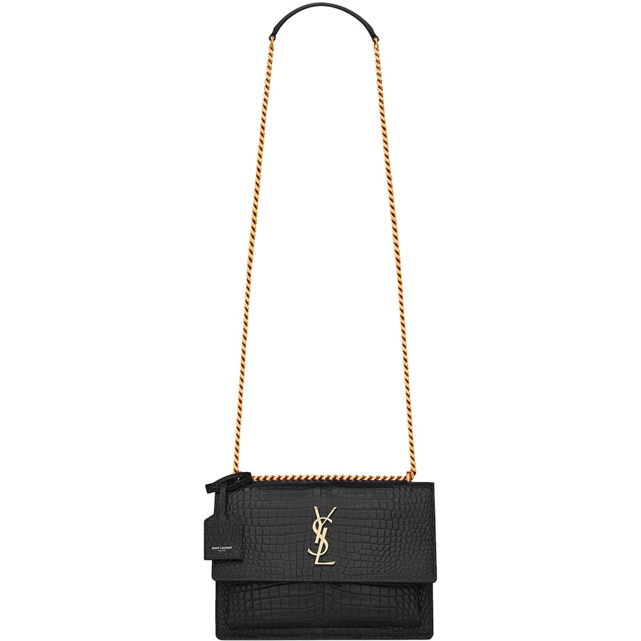 Saint Laurent Black Medium Sunset Croc-Embossed Shoulder Bag