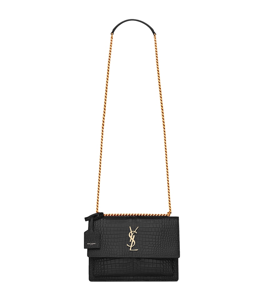 Saint Laurent Black Medium Sunset Croc-Embossed Shoulder Bag