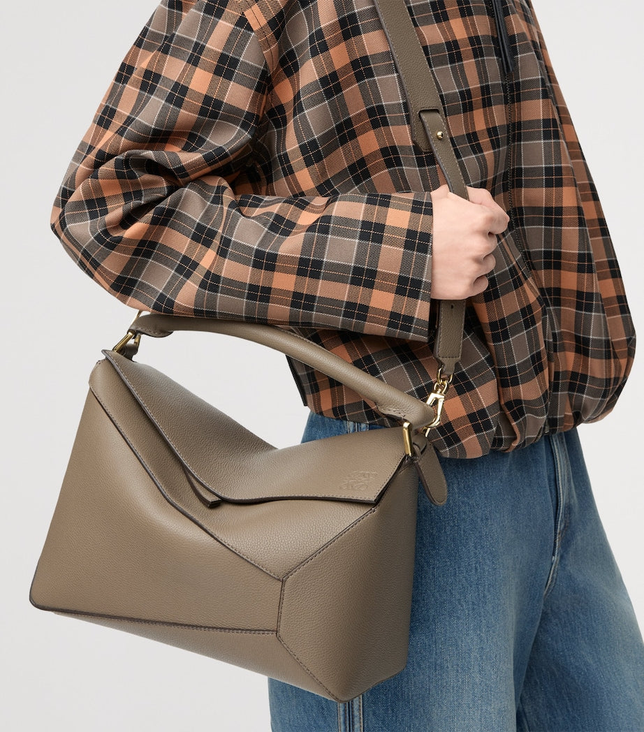 Brown Medium Leather Puzzle Edge Top-Handle Bag