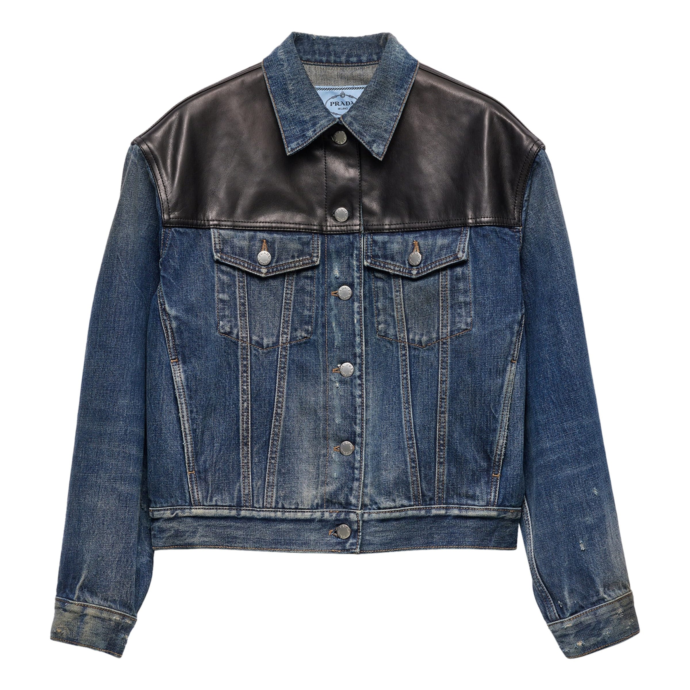 Prada Blue Leather-Trim Denim Jacket