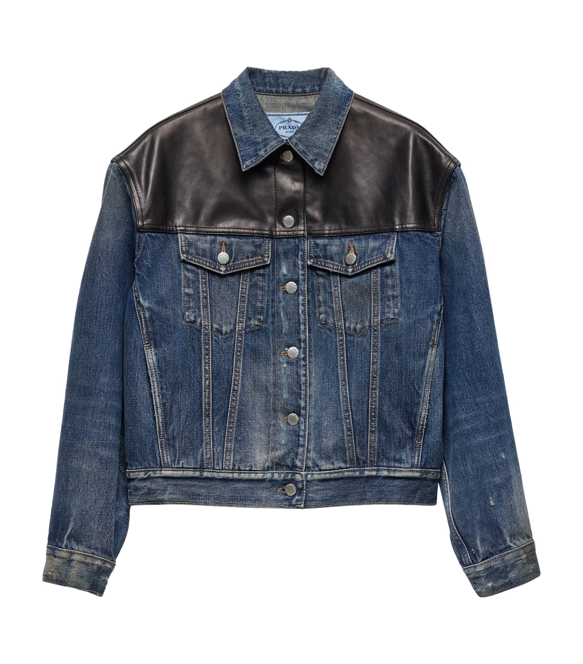 Prada Blue Leather-Trim Denim Jacket