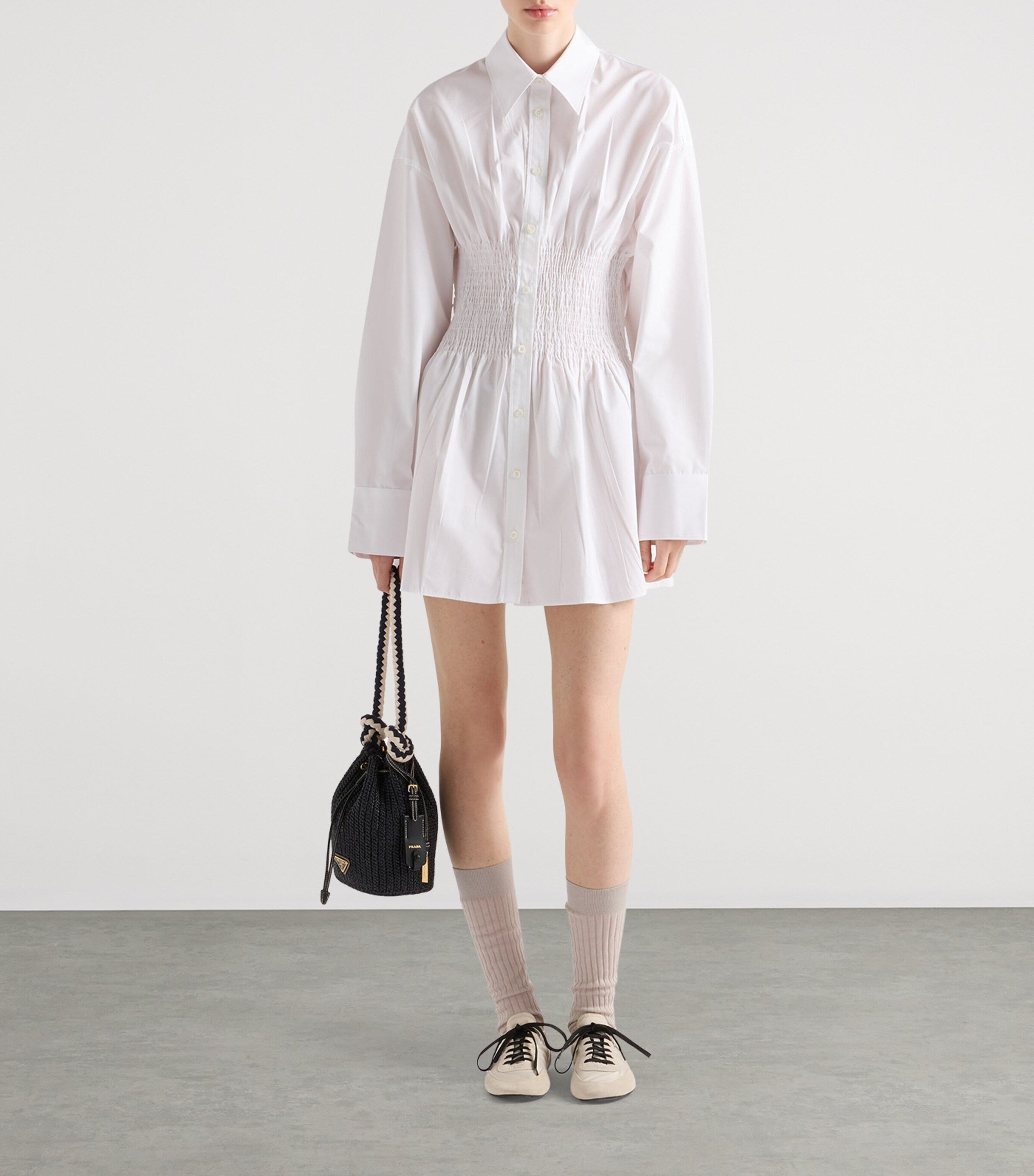 White Poplin Smocked-Waist Shirt Dress