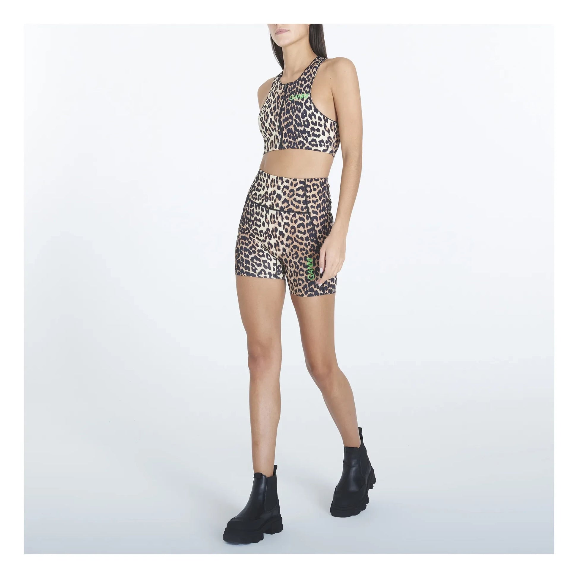 Ganni - Active Recycled Material Zip-up Printed Racer Back Bra | Leopard