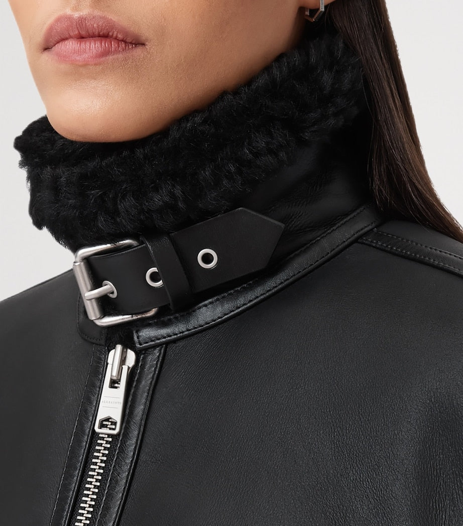 AllSaints Black Shearling Lorel Flying Jacket