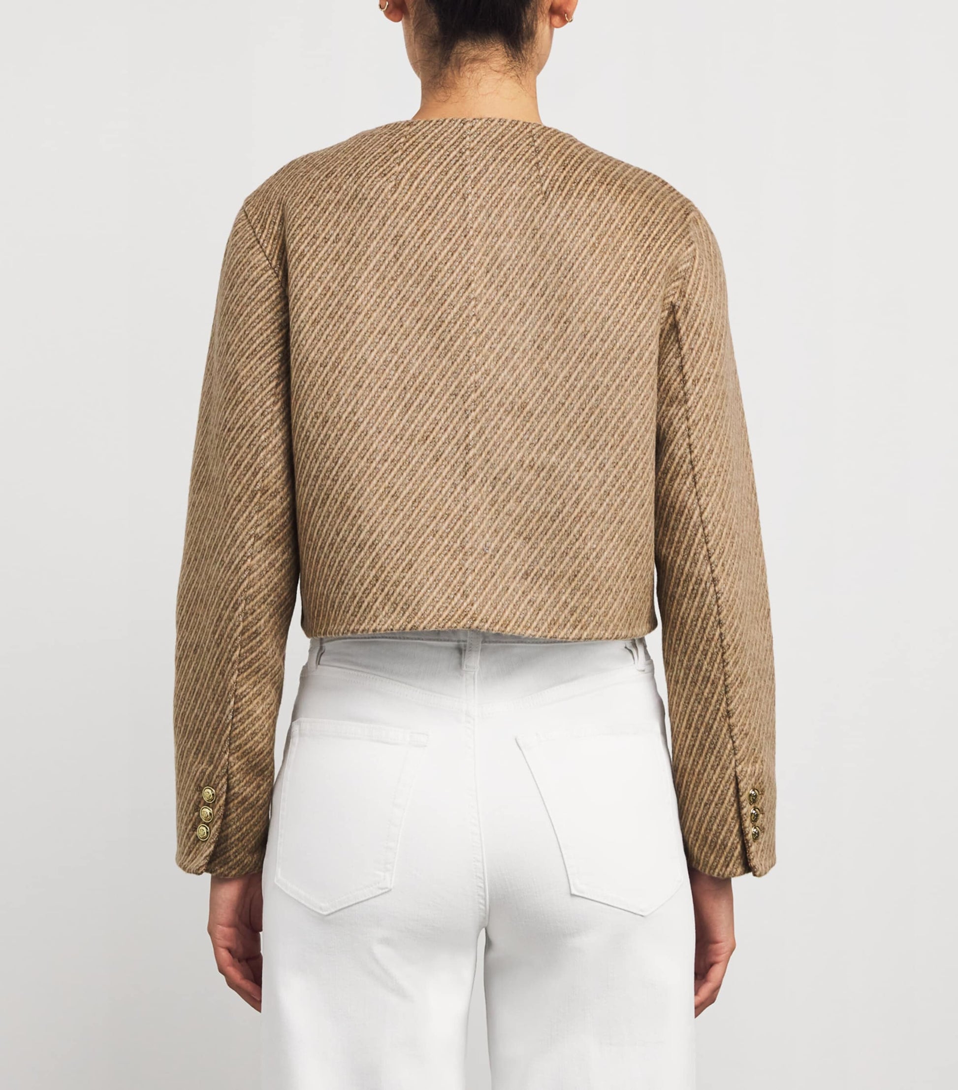 Sandro Paris Beige Wool-Blend Stripe Cropped Jacket