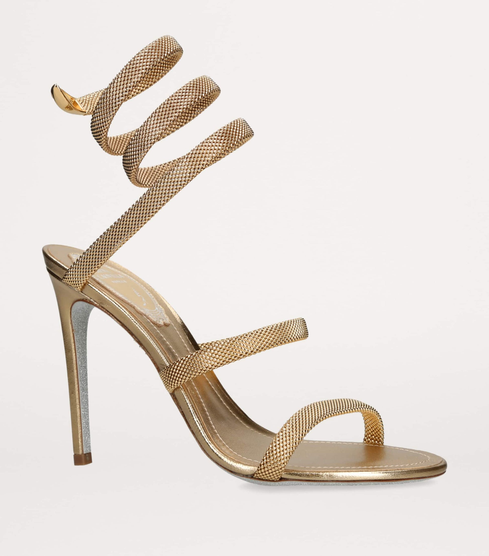 René Caovilla Gold Leather Serpent Heeled Sandals 105