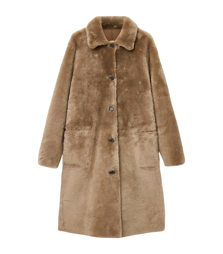 AllSaints Brown Shearling Reversible Serra Coat