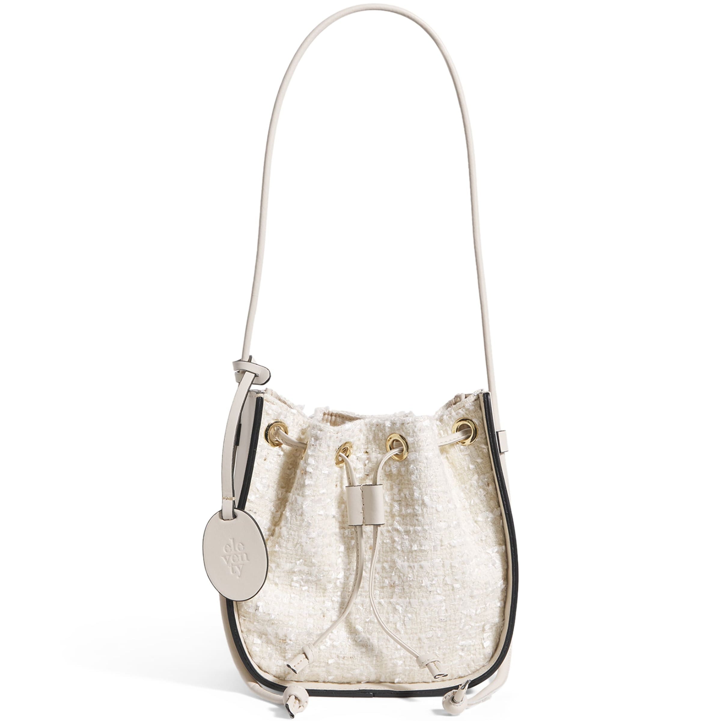 White Leather-Tweed Drawstring Bucket Bag
