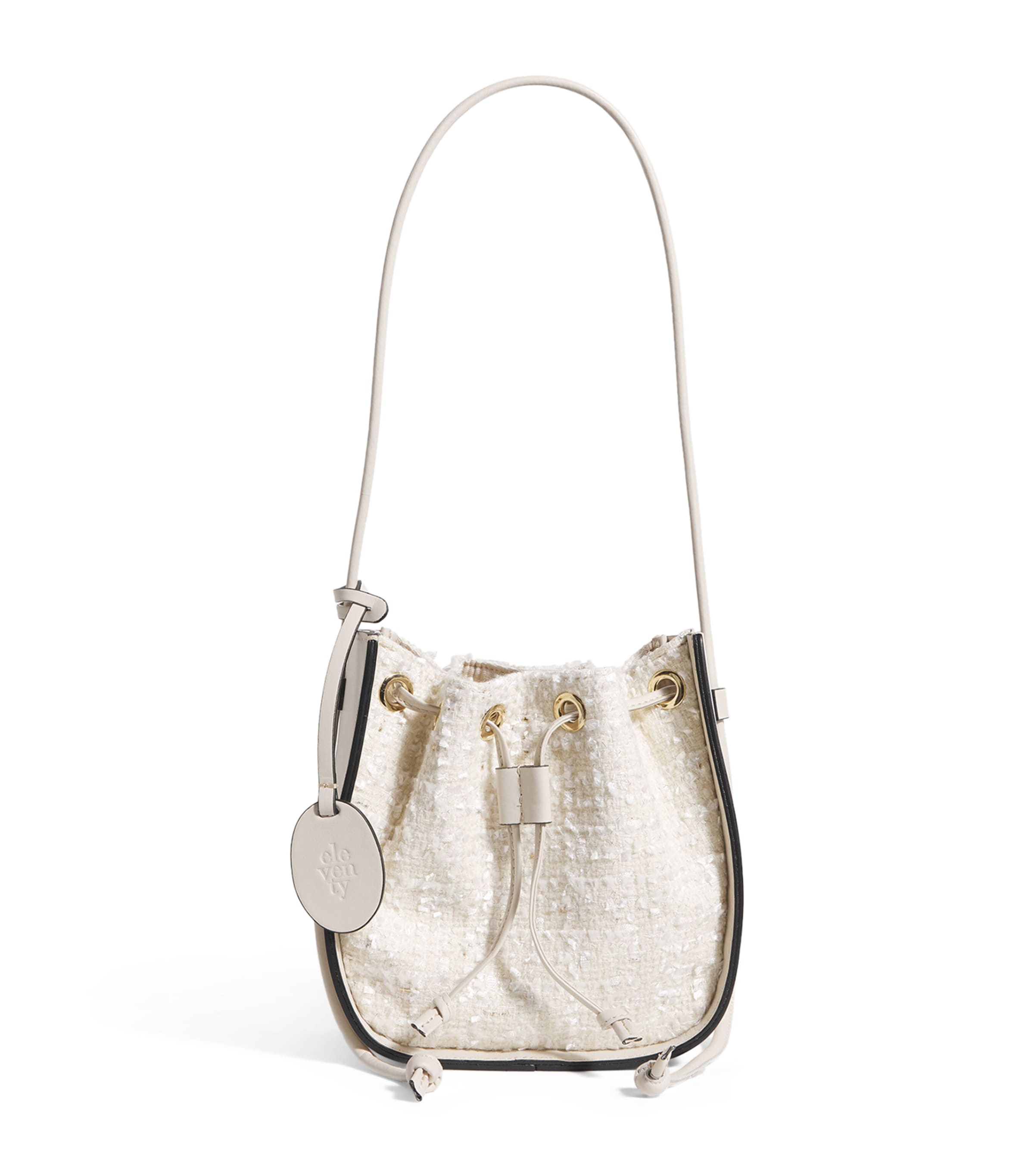 White Leather-Tweed Drawstring Bucket Bag