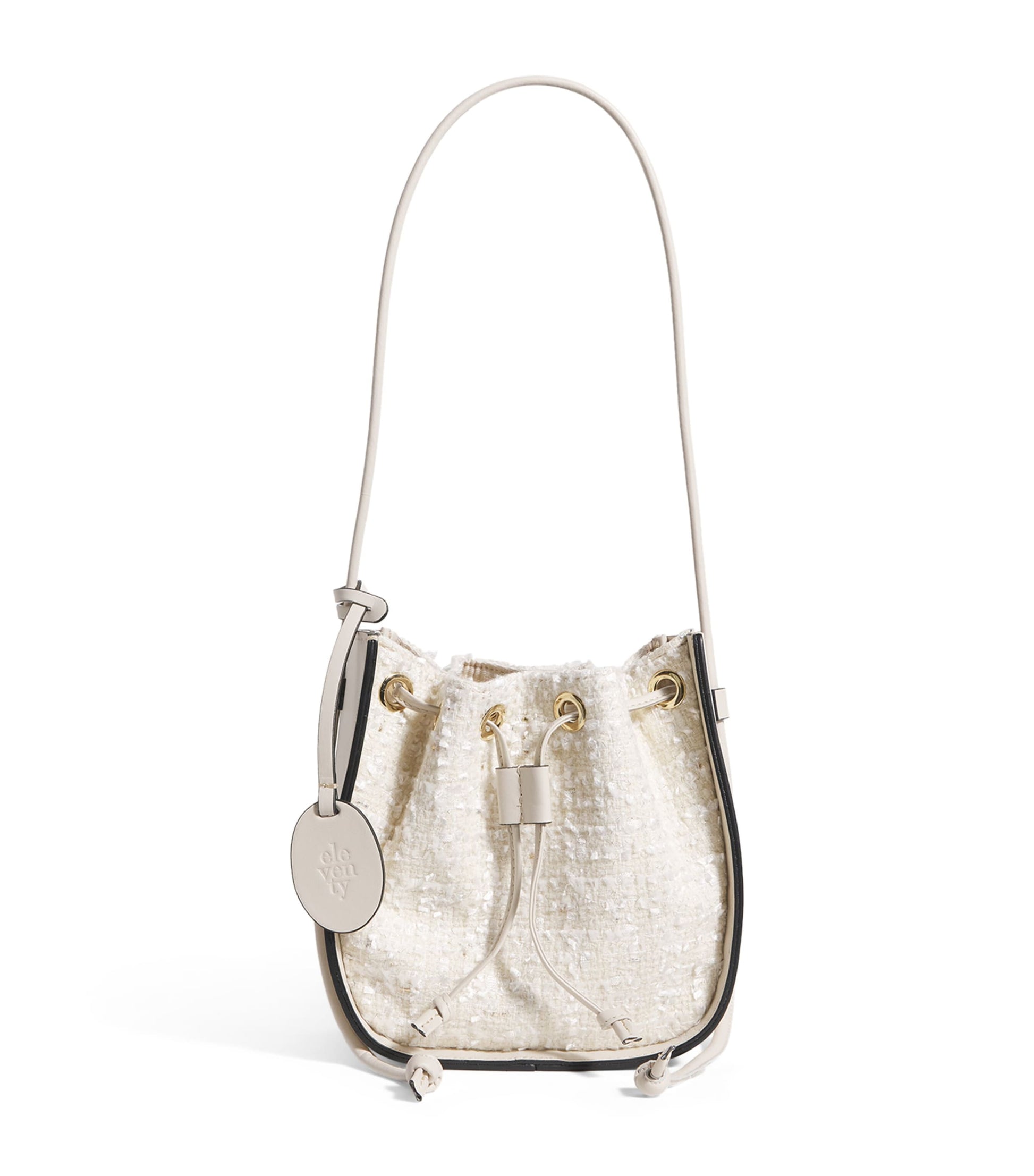 White Leather-Tweed Drawstring Bucket Bag