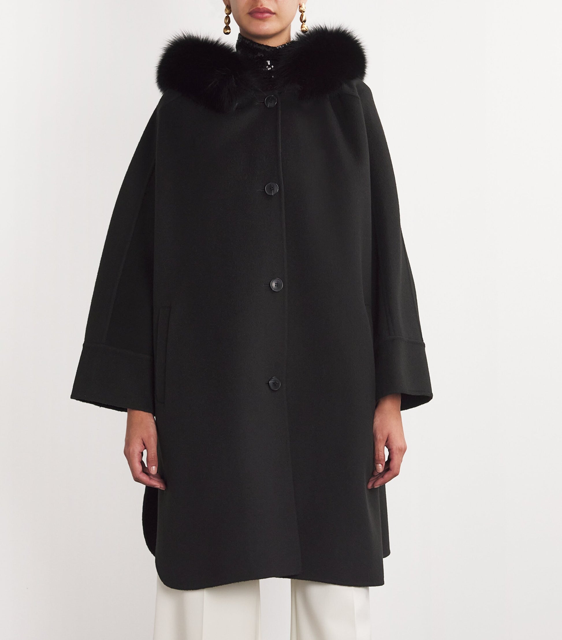 Wool-Cashmere Fox-Trim Cape Coat