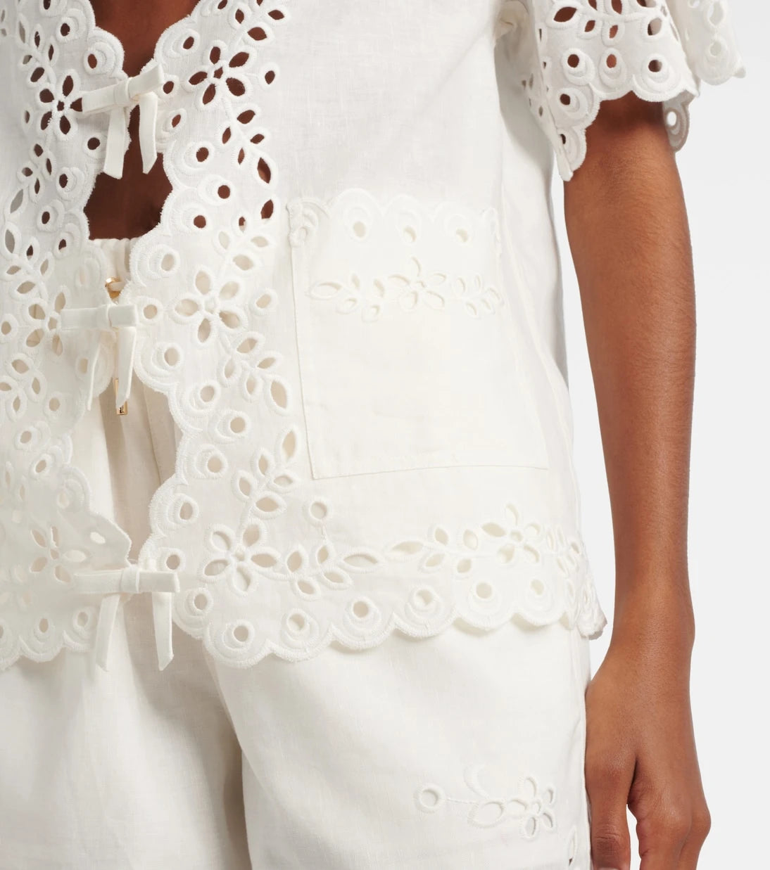 Self-Portrait - Embroidered cutout linen and cotton top