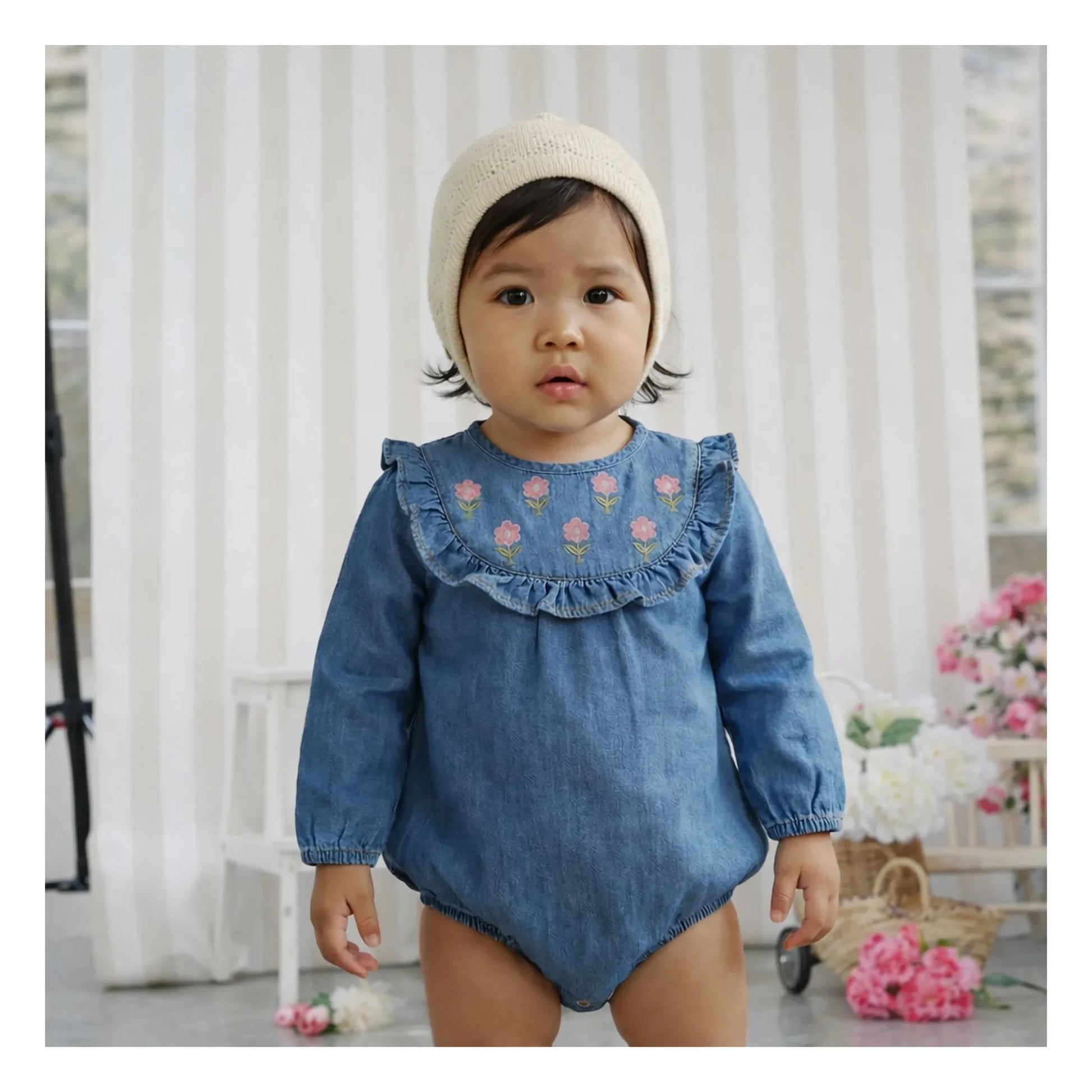 Lililotte - Barboteuse Brodée Bérénice Tencel Coton Bio | Denim blue