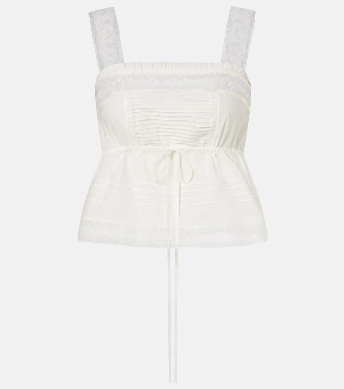 Ganni - Lace-trimmed ruffled cotton crop top