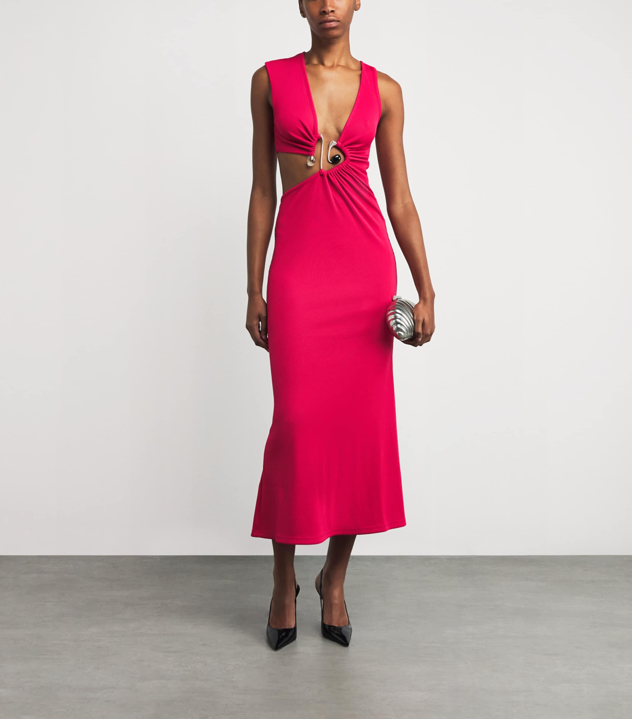 Red Spiral Crystal Cut-Out Maxi Dress