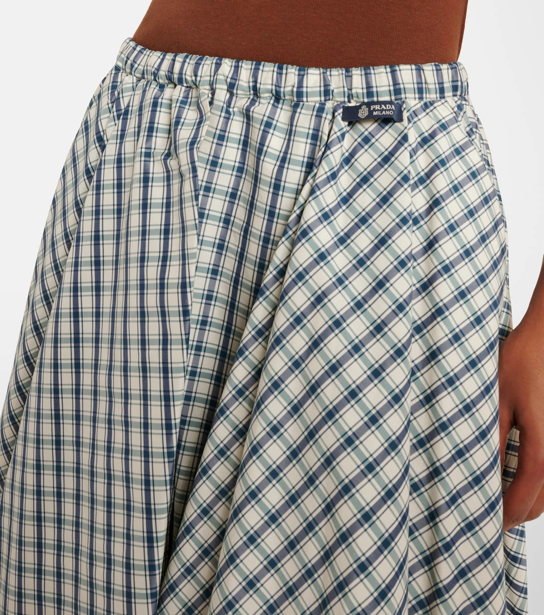 Prada - Checked cotton-blend chambray midi skirt