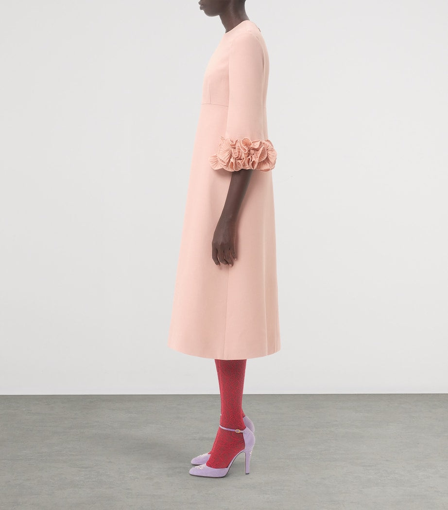 Valentino Pink Wool-Silk Floral-Sleeve Midi Dress