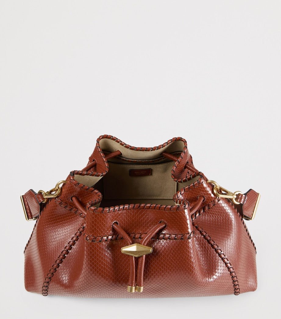 Brown Medium Snake-Print Cinch Bag