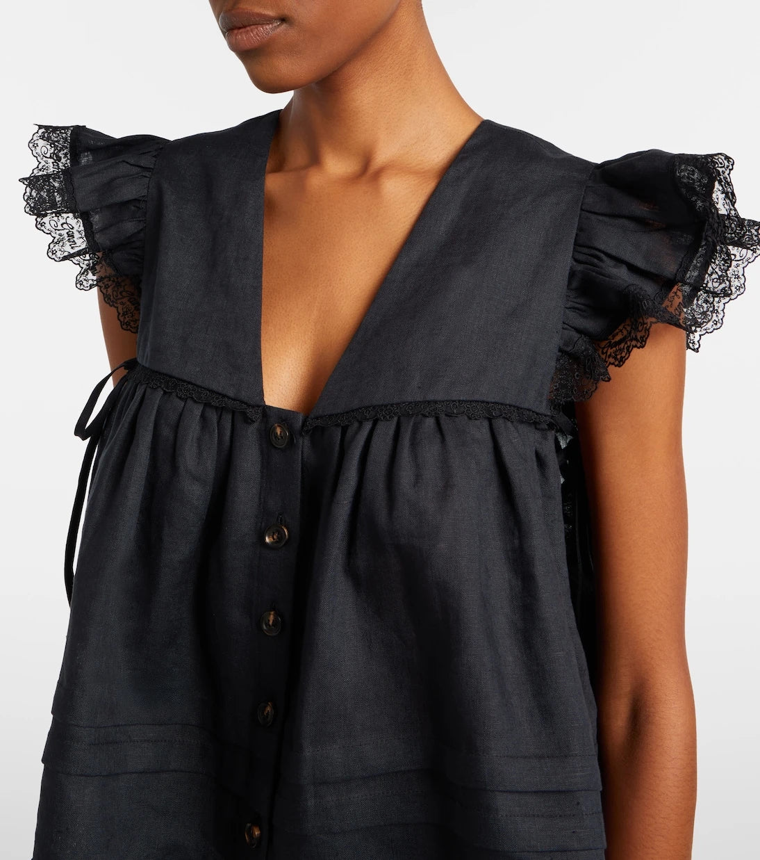 Ganni - Lace-trimmed linen top