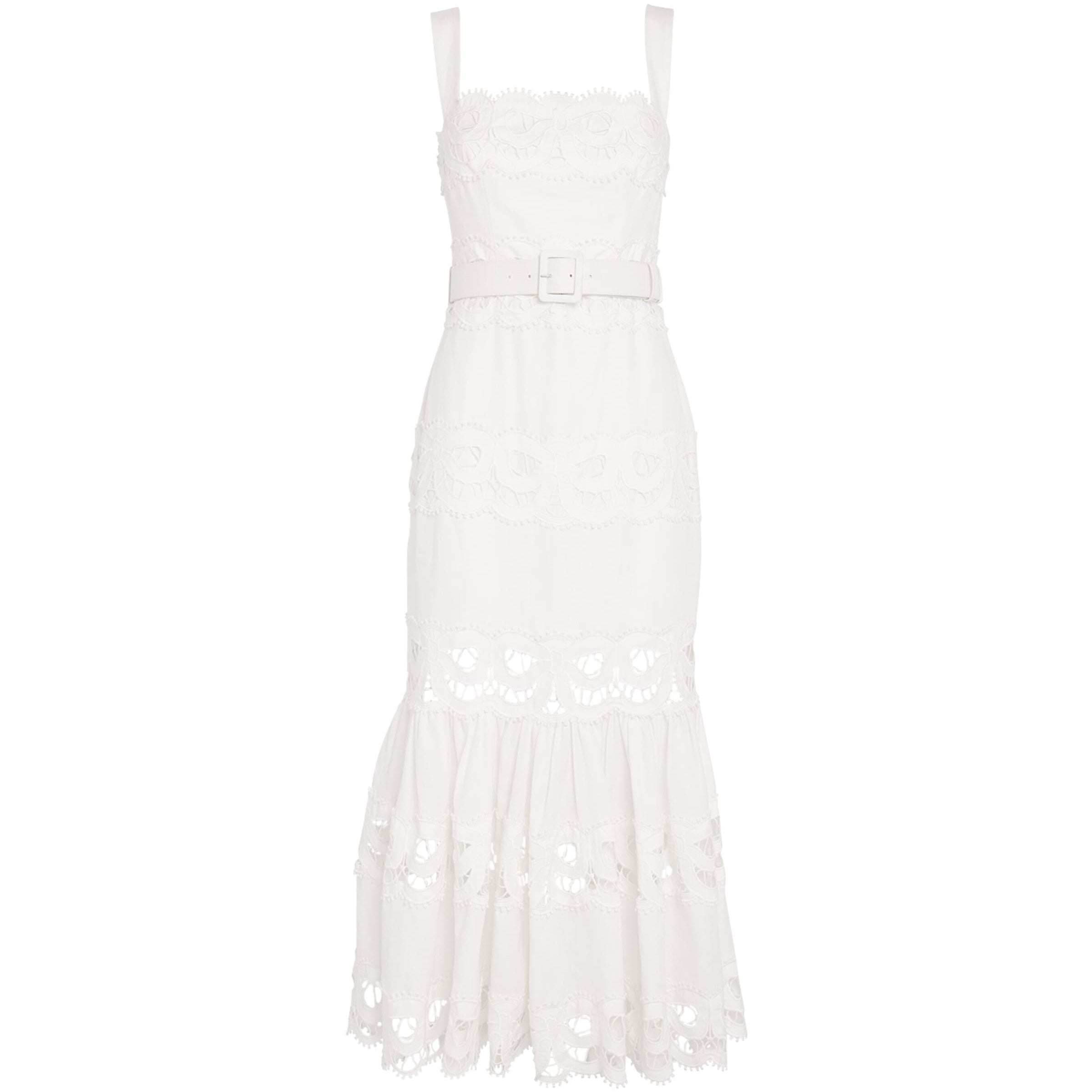 Self-Portrait Lace-Insert Belted Midi Dress WHITE