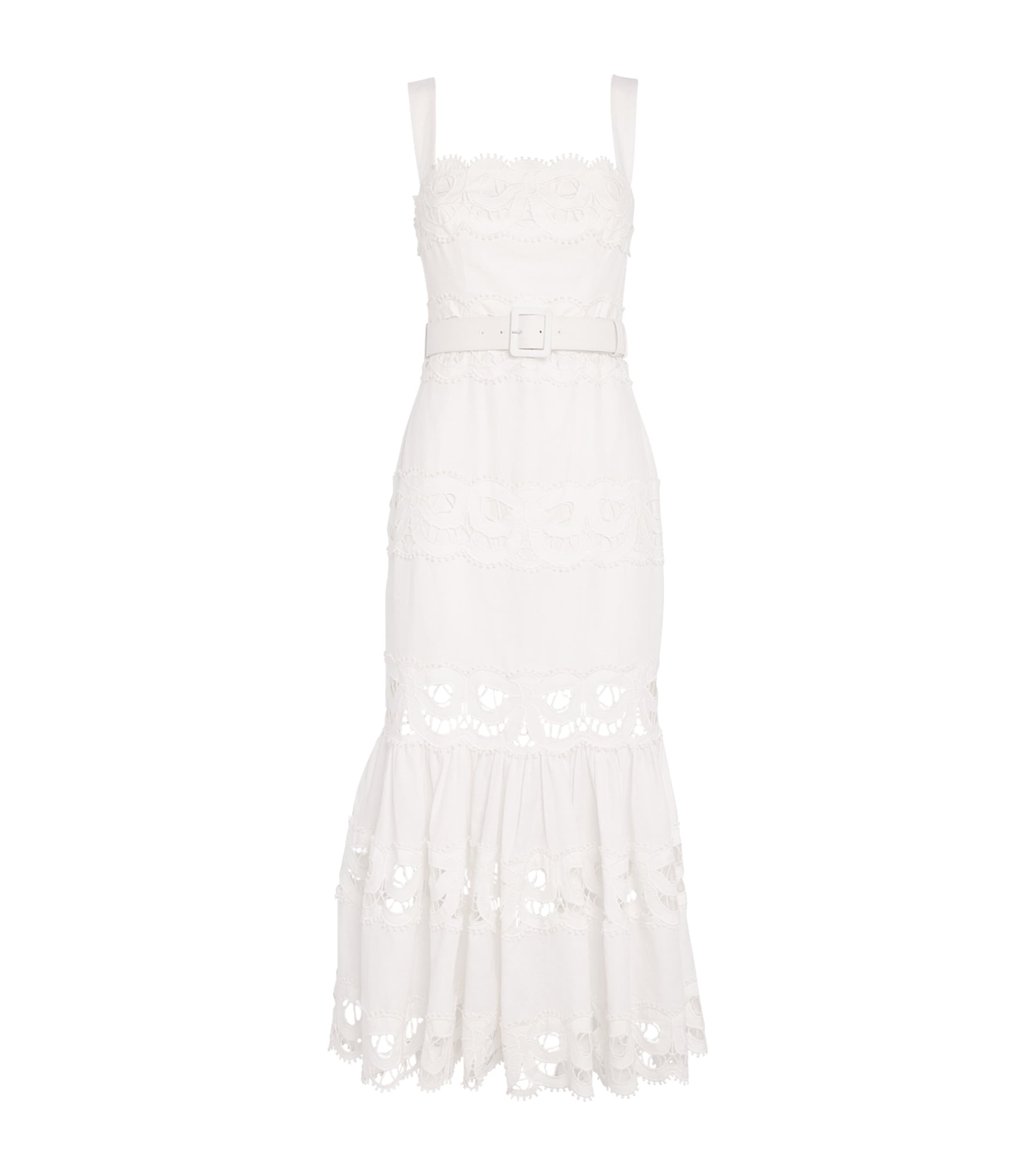 Self-Portrait Lace-Insert Belted Midi Dress WHITE