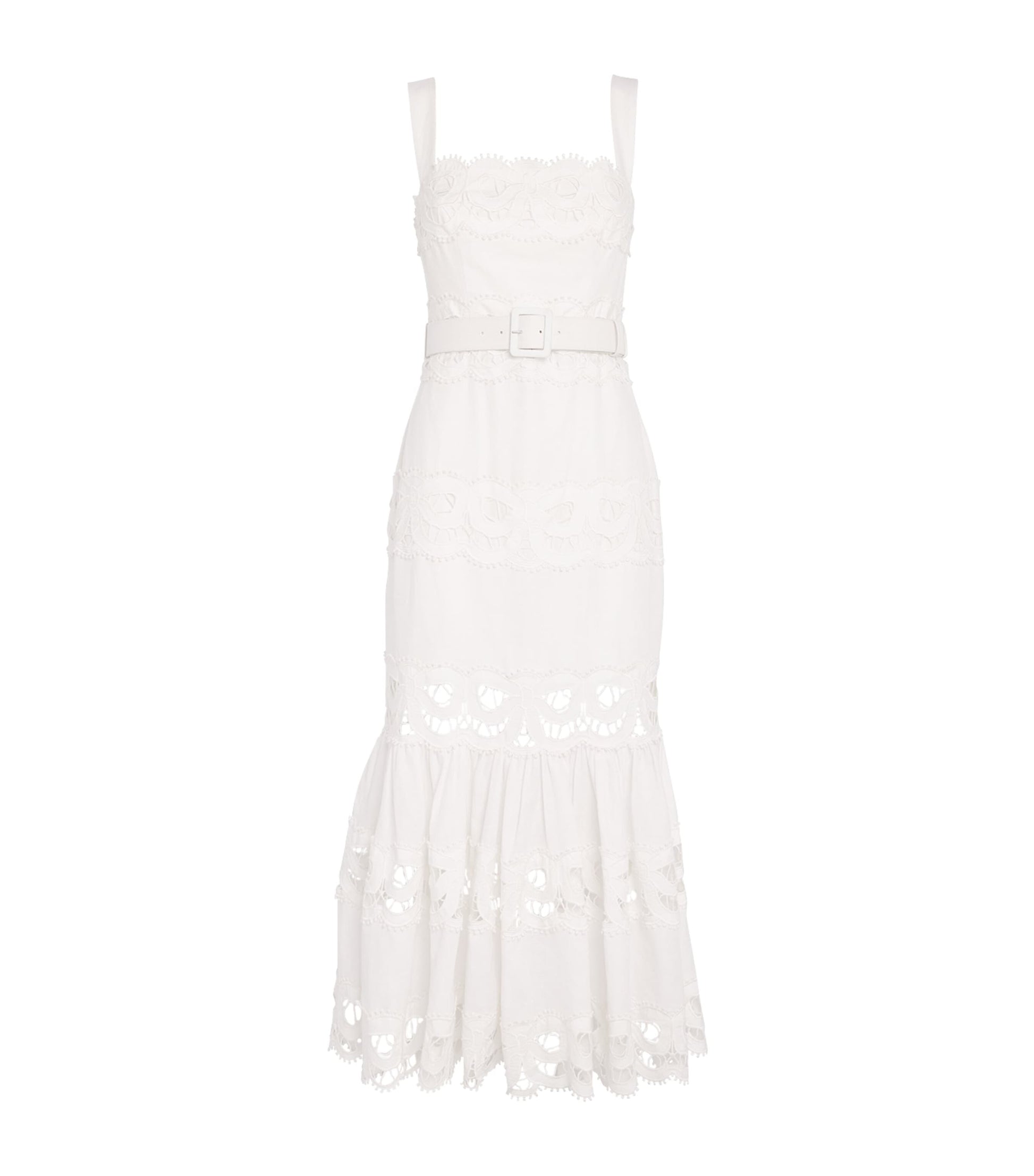 Self-Portrait Lace-Insert Belted Midi Dress WHITE