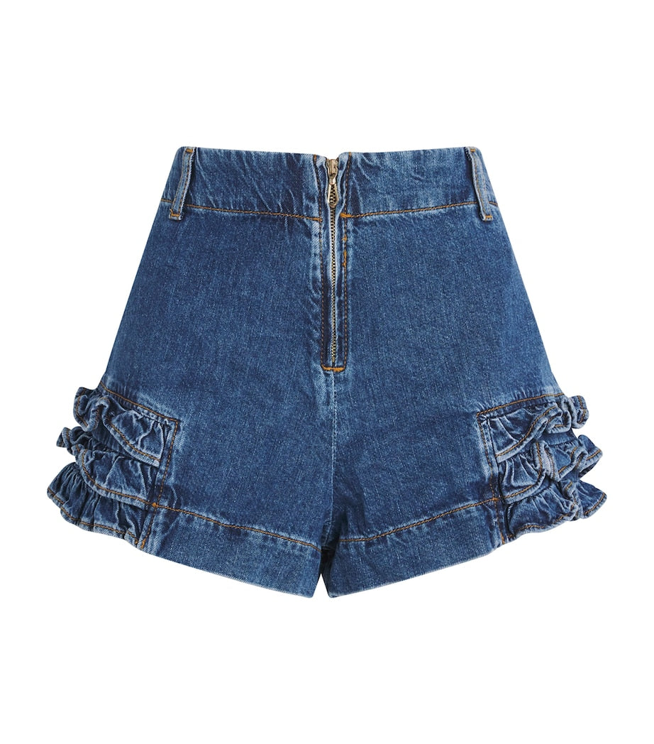 Sandro Paris Blue Denim Ruffle Shorts