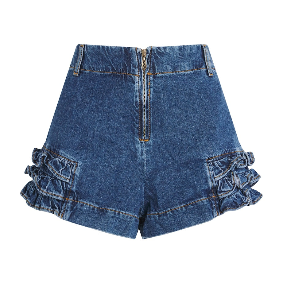 Sandro Paris Blue Denim Ruffle Shorts