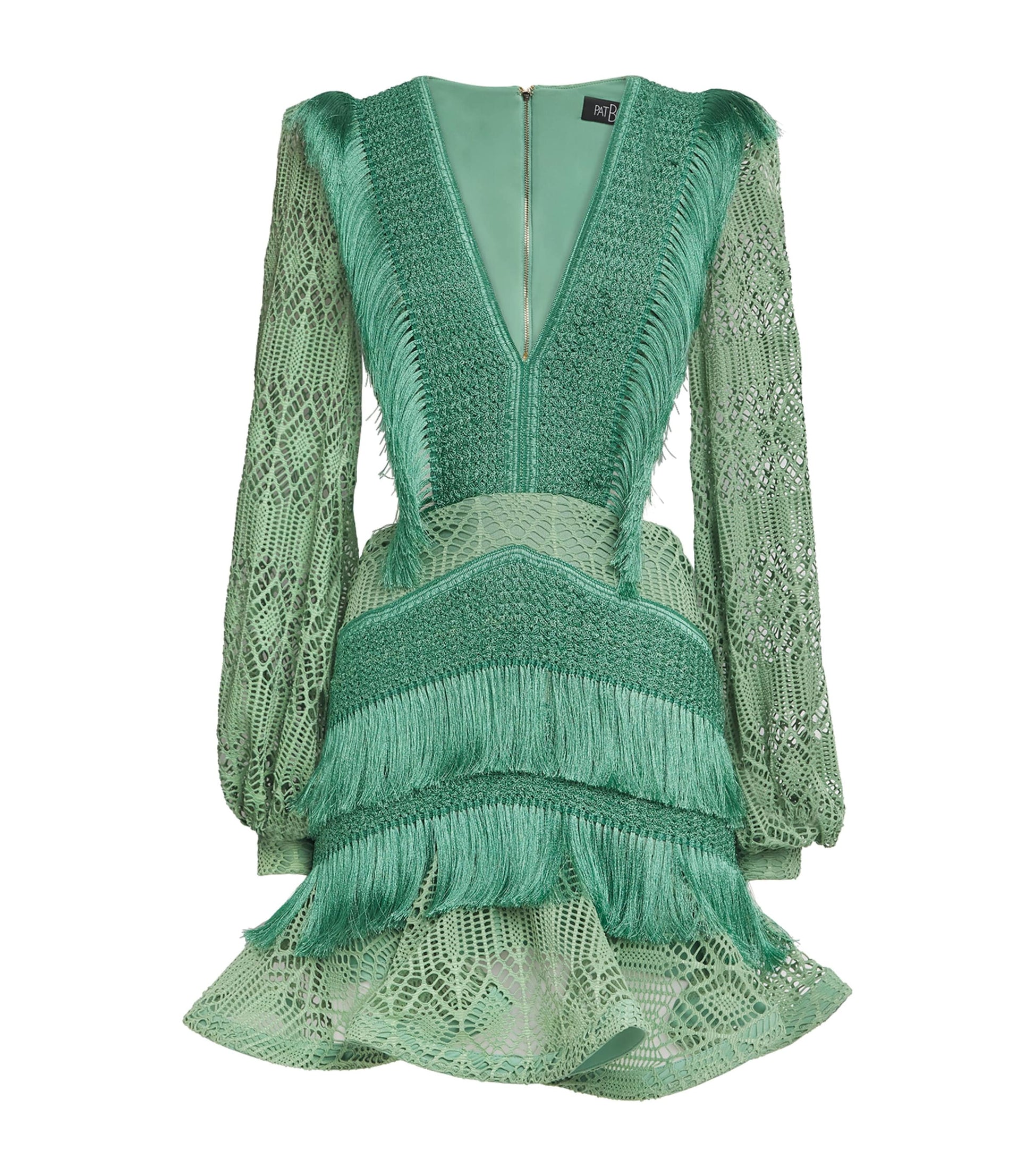 PatBO Green Crochet Fringe-Trim Samba Mini Dress