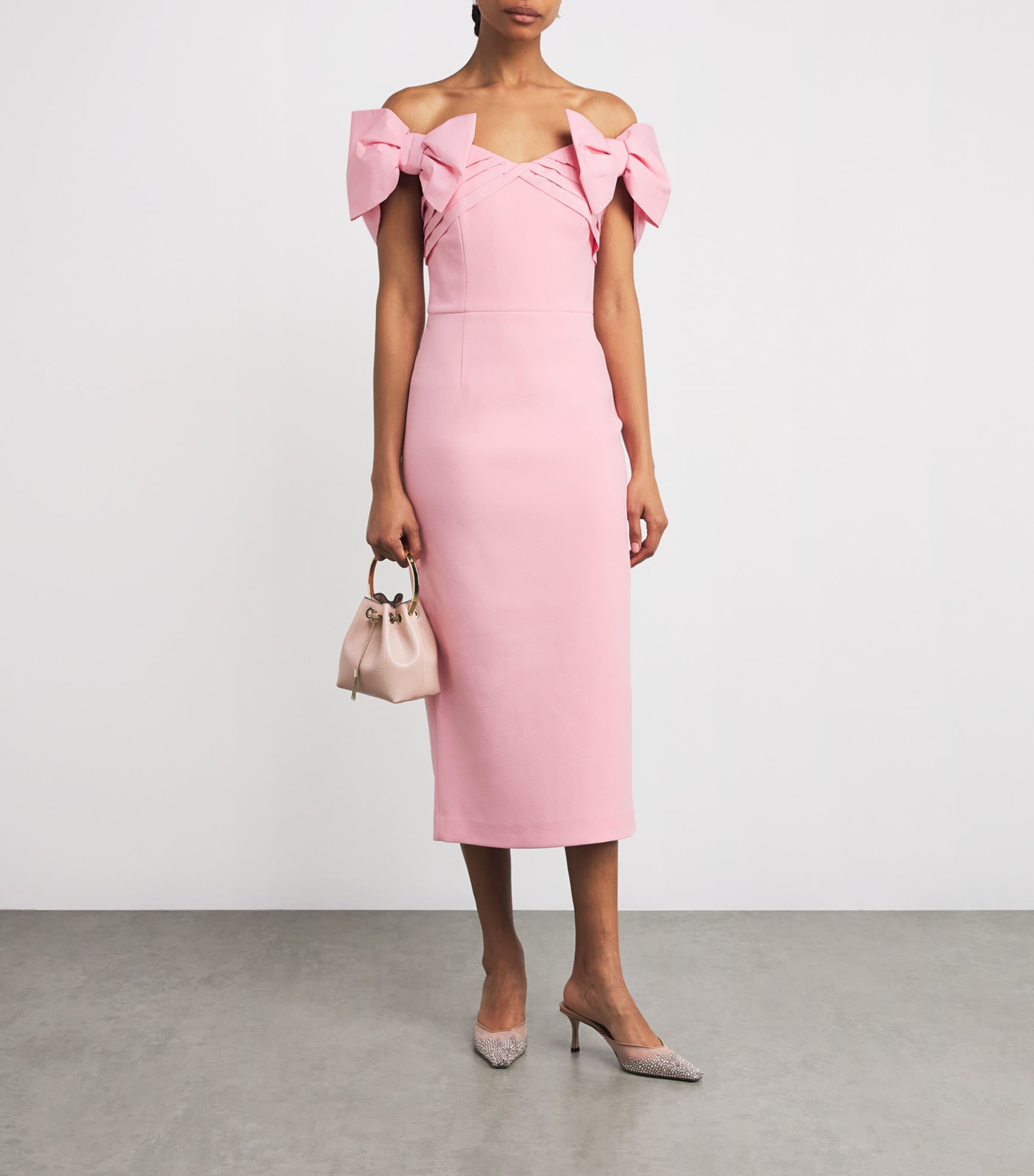Rebecca Vallance Pink Crêpe Bow-Detail Isabella Midi Dress