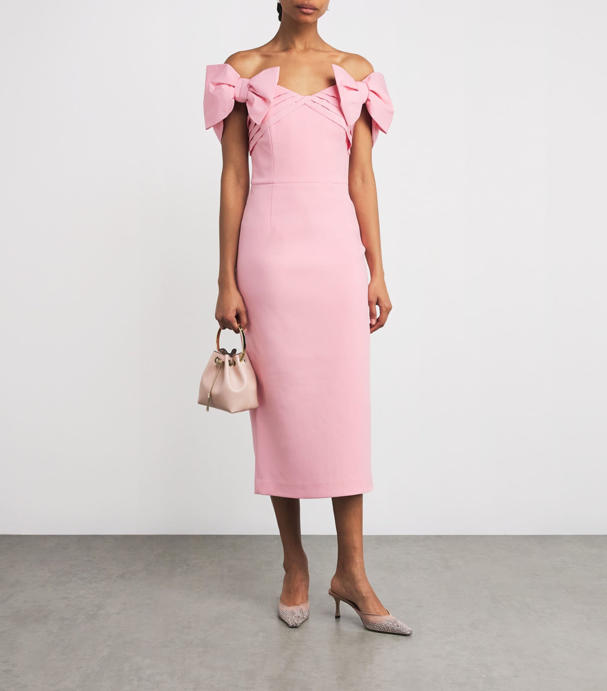 Rebecca Vallance Pink Crêpe Bow-Detail Isabella Midi Dress