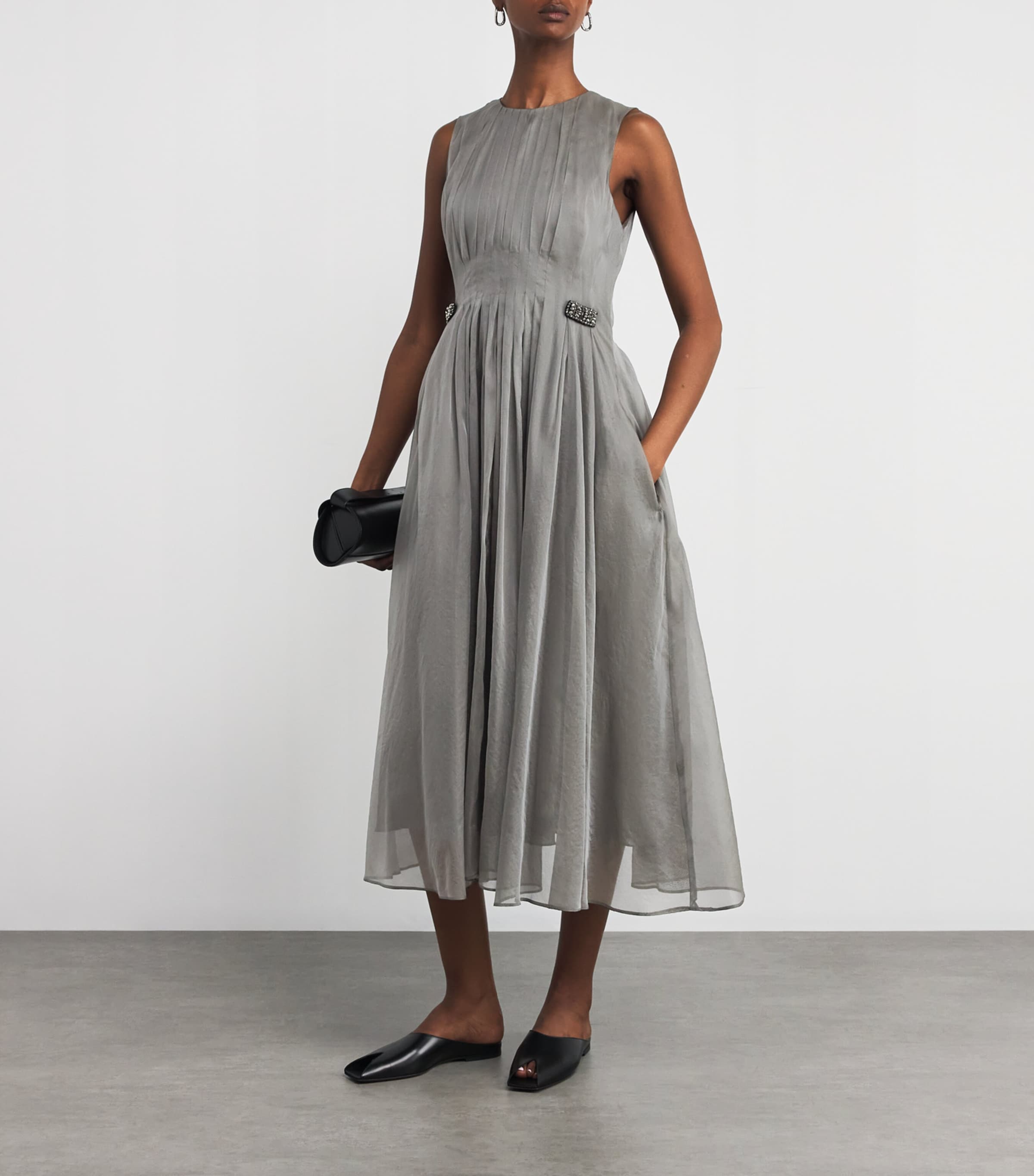 Max Mara Grey Silk-Blend Organza Midi Dress